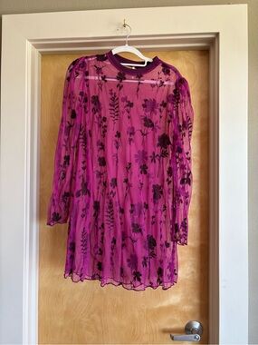 Free People Sheer Mesh Embroidered Floral Mini Dress Sz S Magenta Long Sleeve